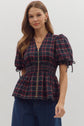Navy Plaid Zip Front Top image 1