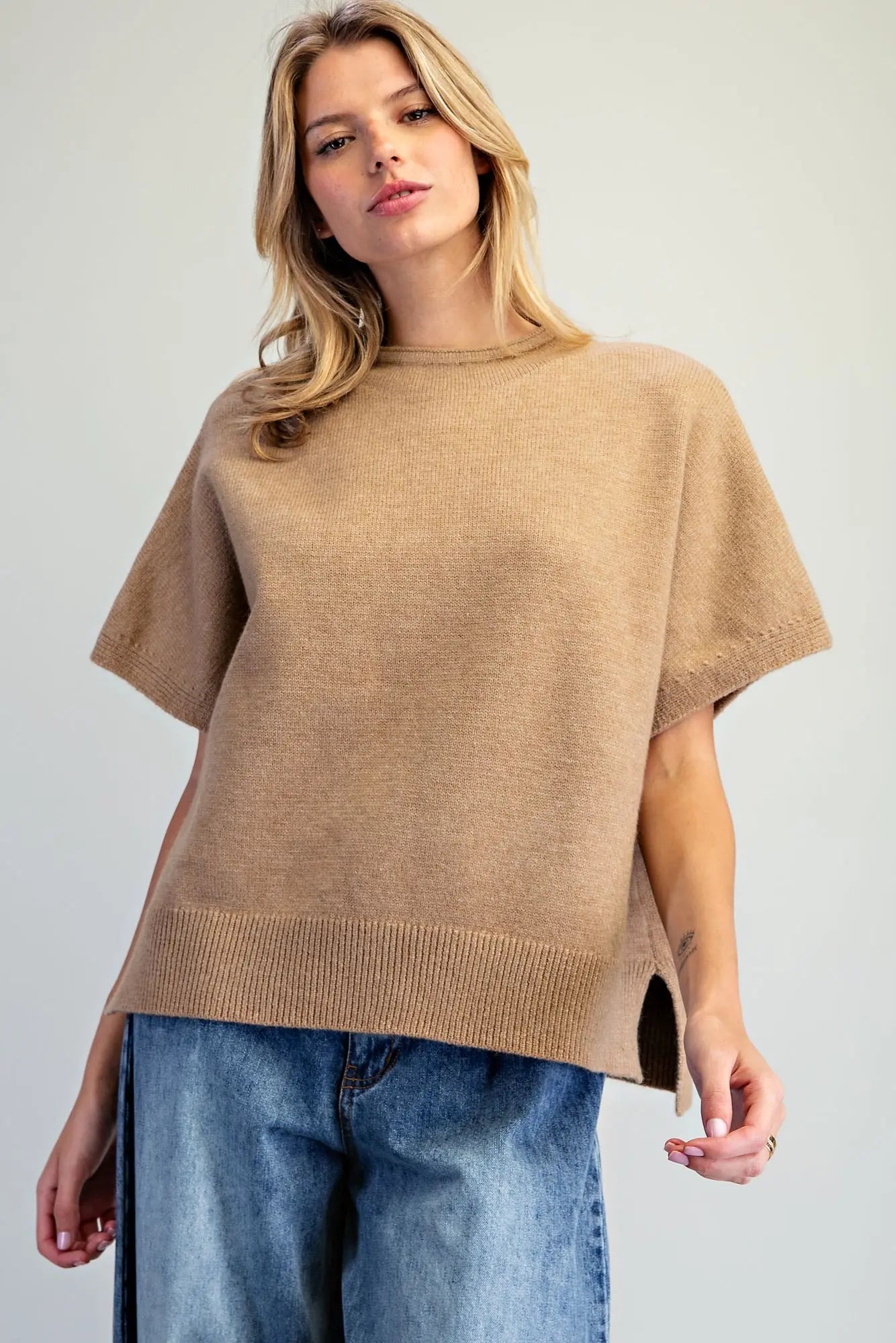 Short Sleeve Side Slit Sweater