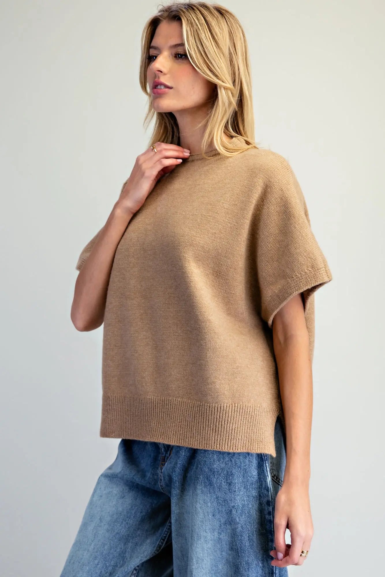 Short Sleeve Side Slit Sweater