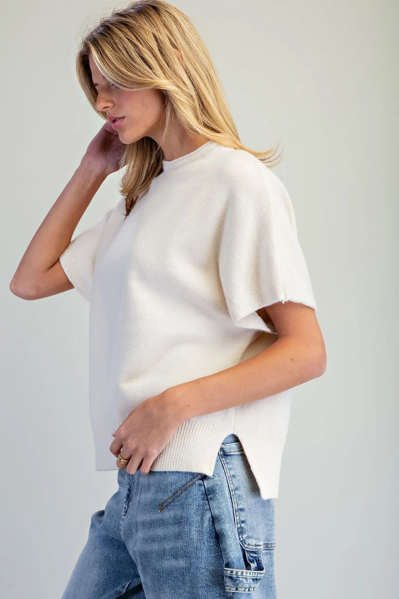 Short Sleeve Side Slit Sweater