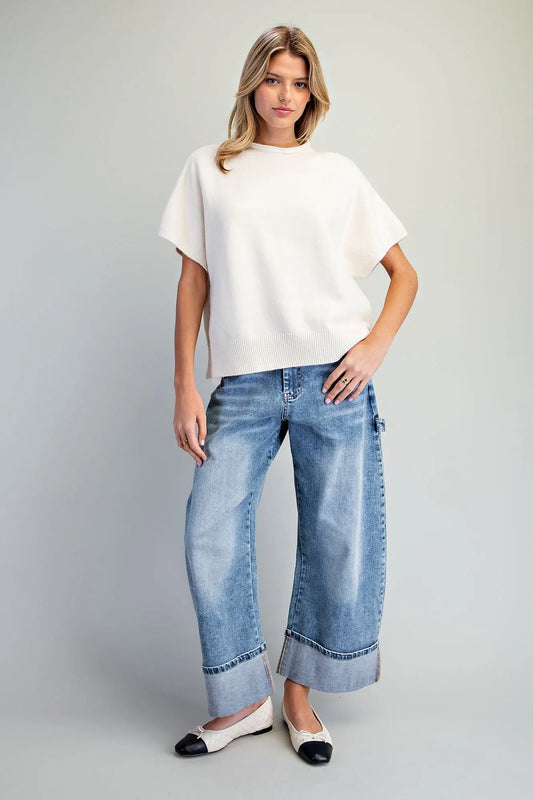 Short Sleeve Side Slit Sweater