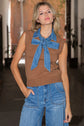 Denim Tie Neck Sleeveless Sweater
