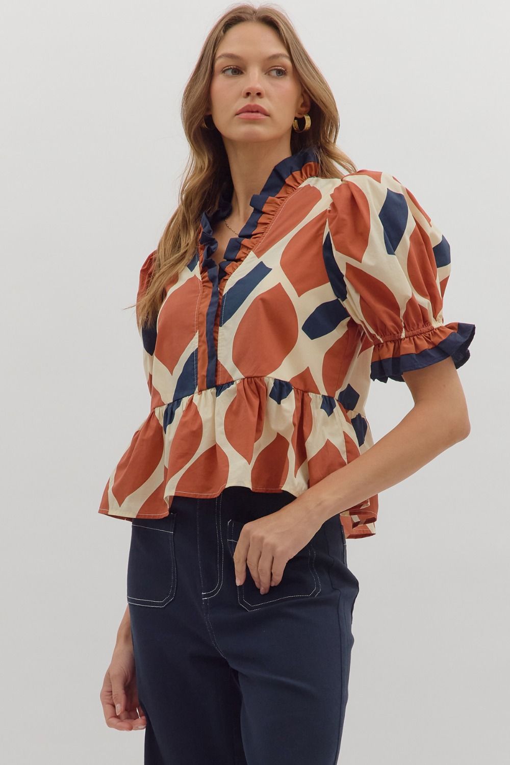 Rust/Navy Abstract Print Top image 4