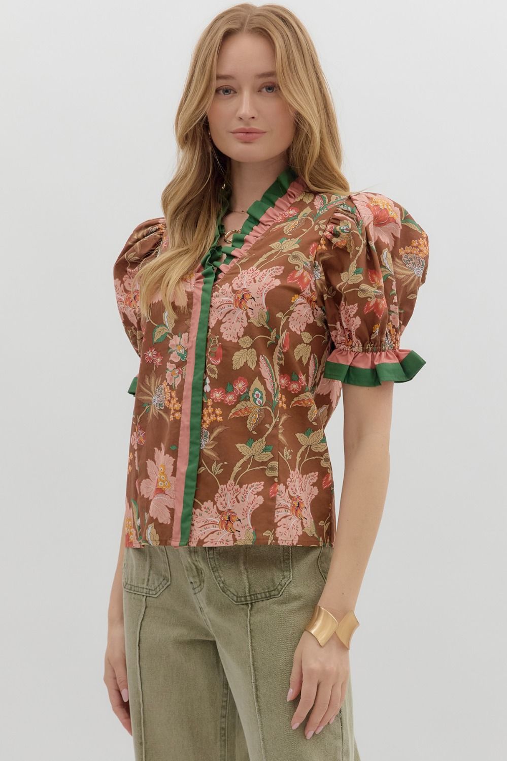 Brown& Pink Floral Ruffle Band Top image 5