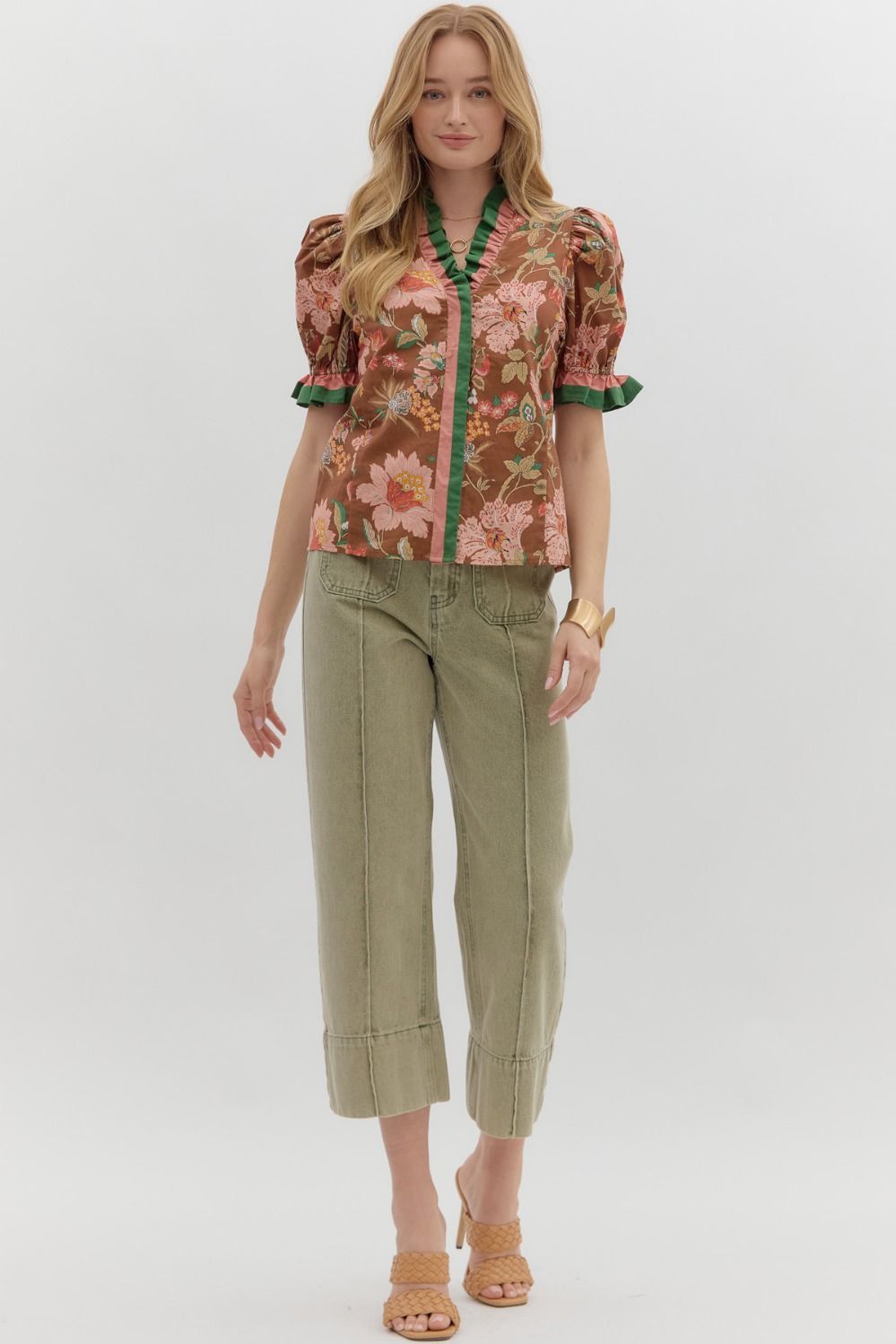 Brown& Pink Floral Ruffle Band Top image 0