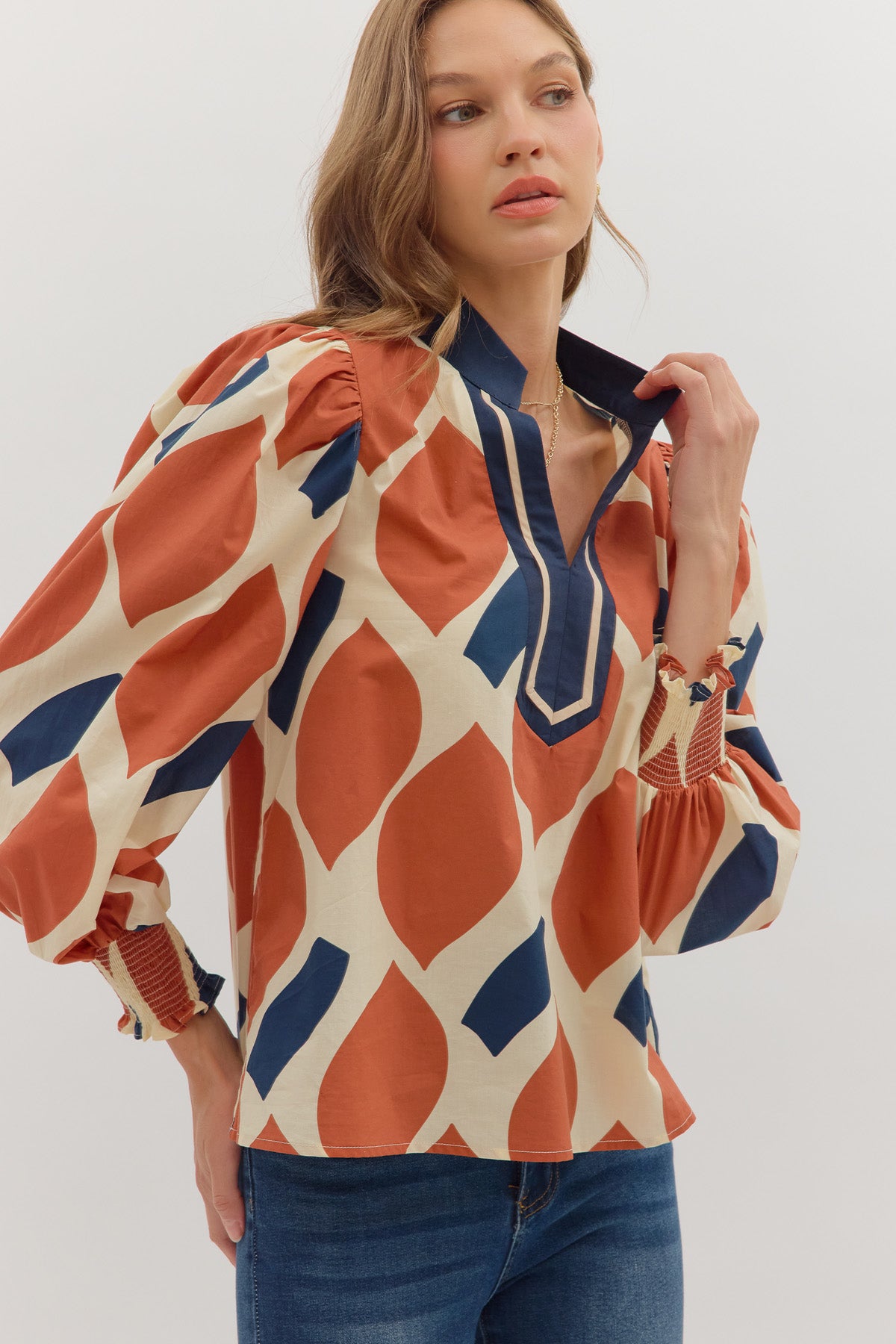 Rust/Navy LS abstract print top image 2