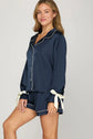 NAVY LONG SLEEVE TOP AND SHORTS PAJAMA SET WITH SLEEVE TIES image 3