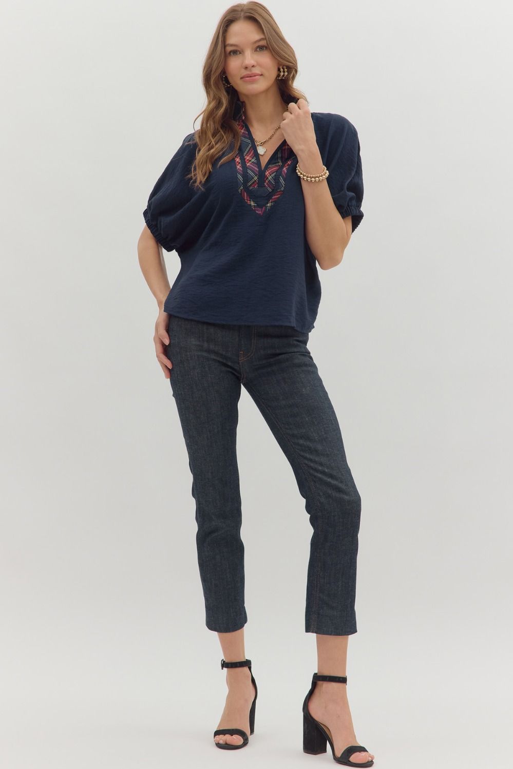 Navy Dolman Top Featuring Plaid Band Accent image 1