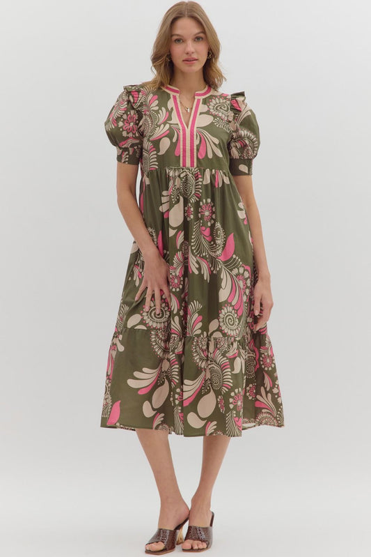 Olive Paisley Midi Featuring Multicolor Band V neck image 0