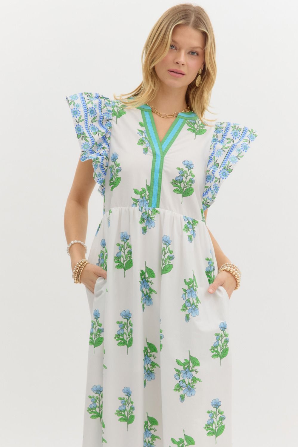 White with Blue & Green Neck Midi Dress image 1