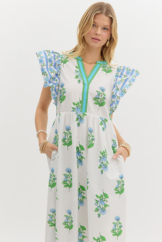 White with Blue & Green Neck Midi Dress image 1