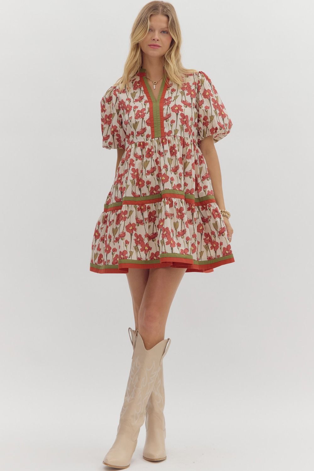 Rust & Olive Floral Print Tiered Mini Dress image 0
