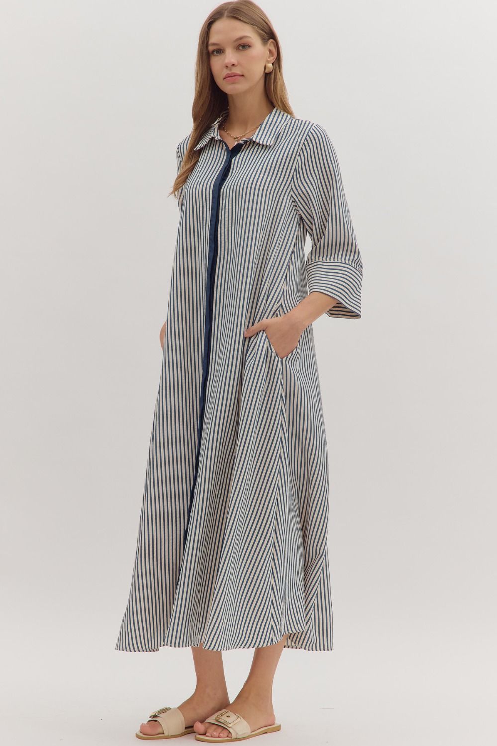 Indigo Striped 3/4 sleeve Midi dress image 3