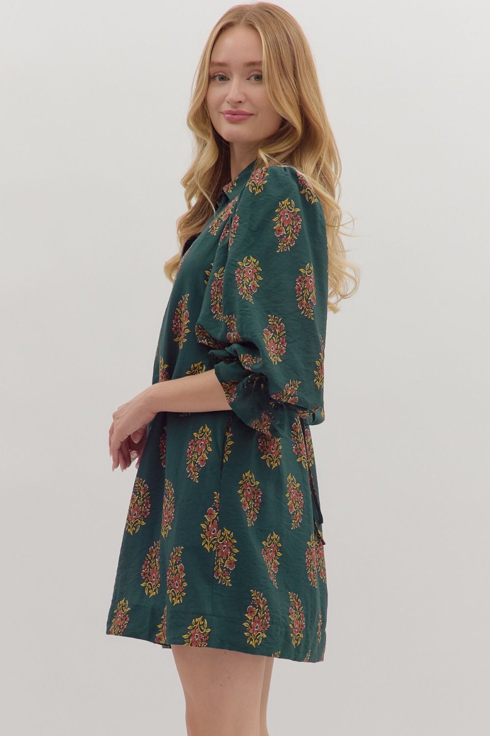 H Green Floral Puff Sleeve Mini Dress image 3