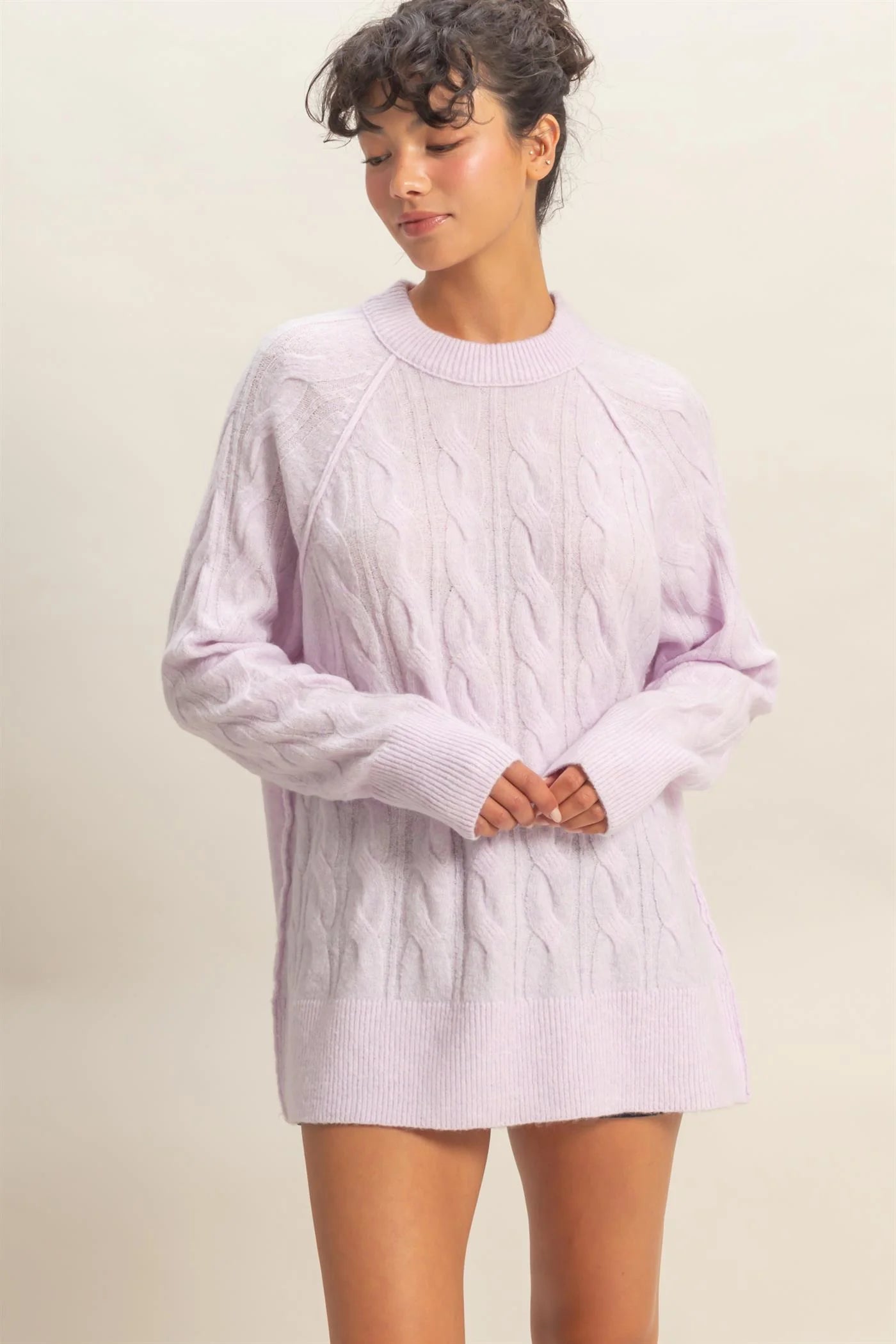 Lilac Gray Cable Knit Long Sleeve Sweater image 0