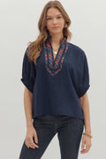 Navy Dolman Top Featuring Plaid Band Accent image 0