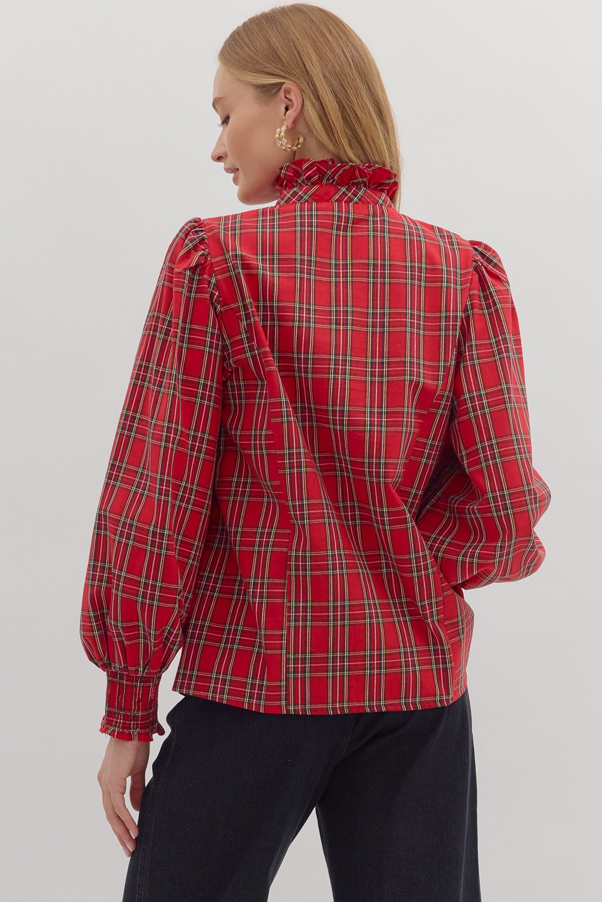 RED PLAID MOCK NECK LONG SLEEVE TOP image 5