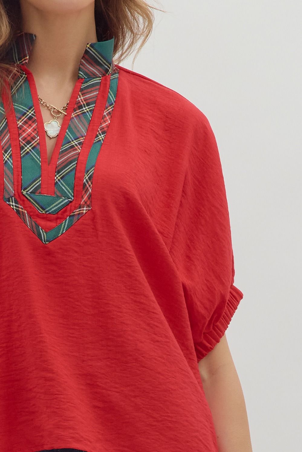 Red Dolman Top Featuring Plaid Band Accent image 2