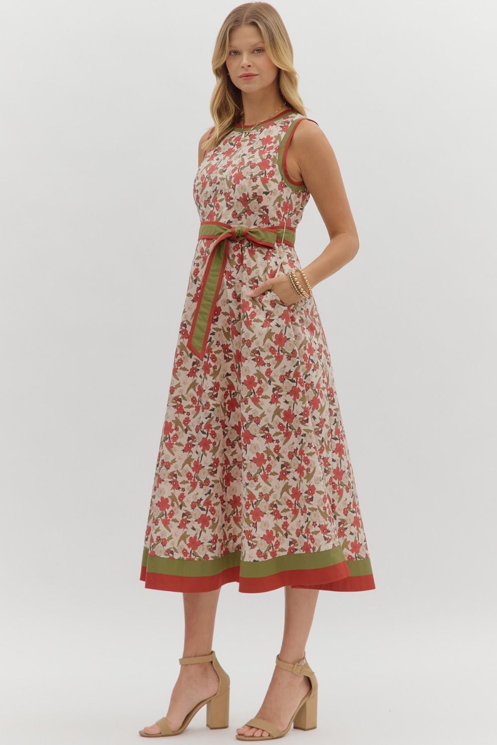 Rust & Olive Sleeveless Floral Midi Dress image 3