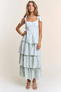 Blue Floral Tiered Midi Dress with Tie Straps