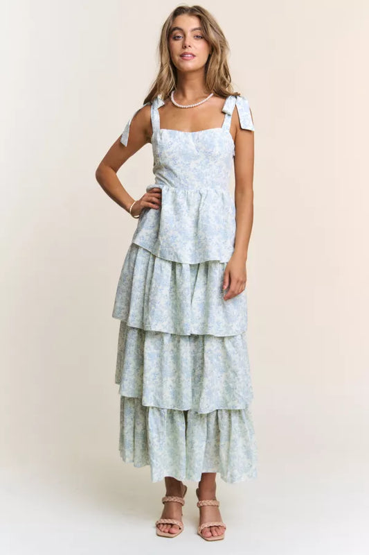 Blue Floral Tiered Midi Dress with Tie Straps