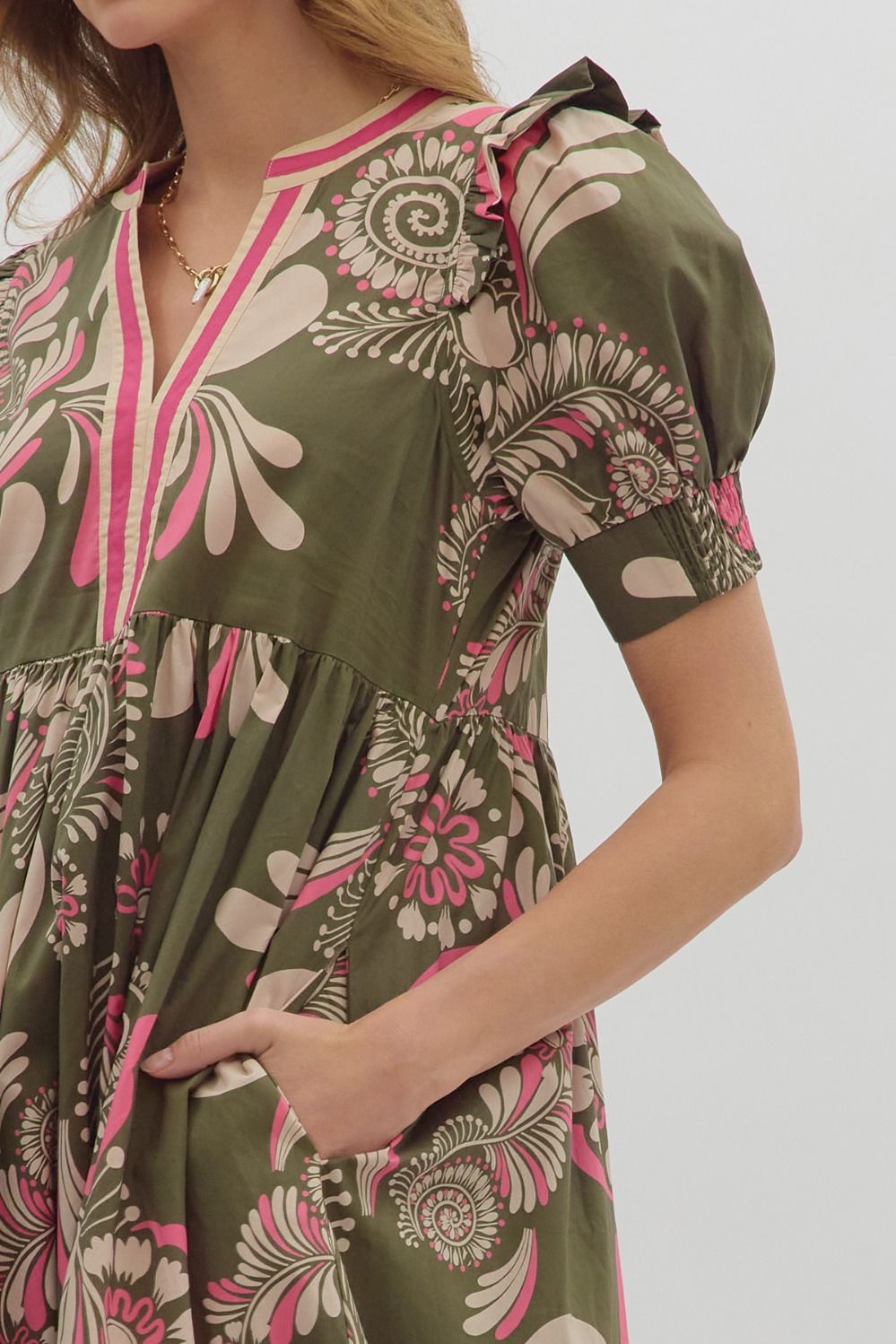 Olive Paisley Midi Featuring Multicolor Band V neck image 5