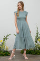 TIERED SMOCKED SHORT SLEEVE MIDI DRESS