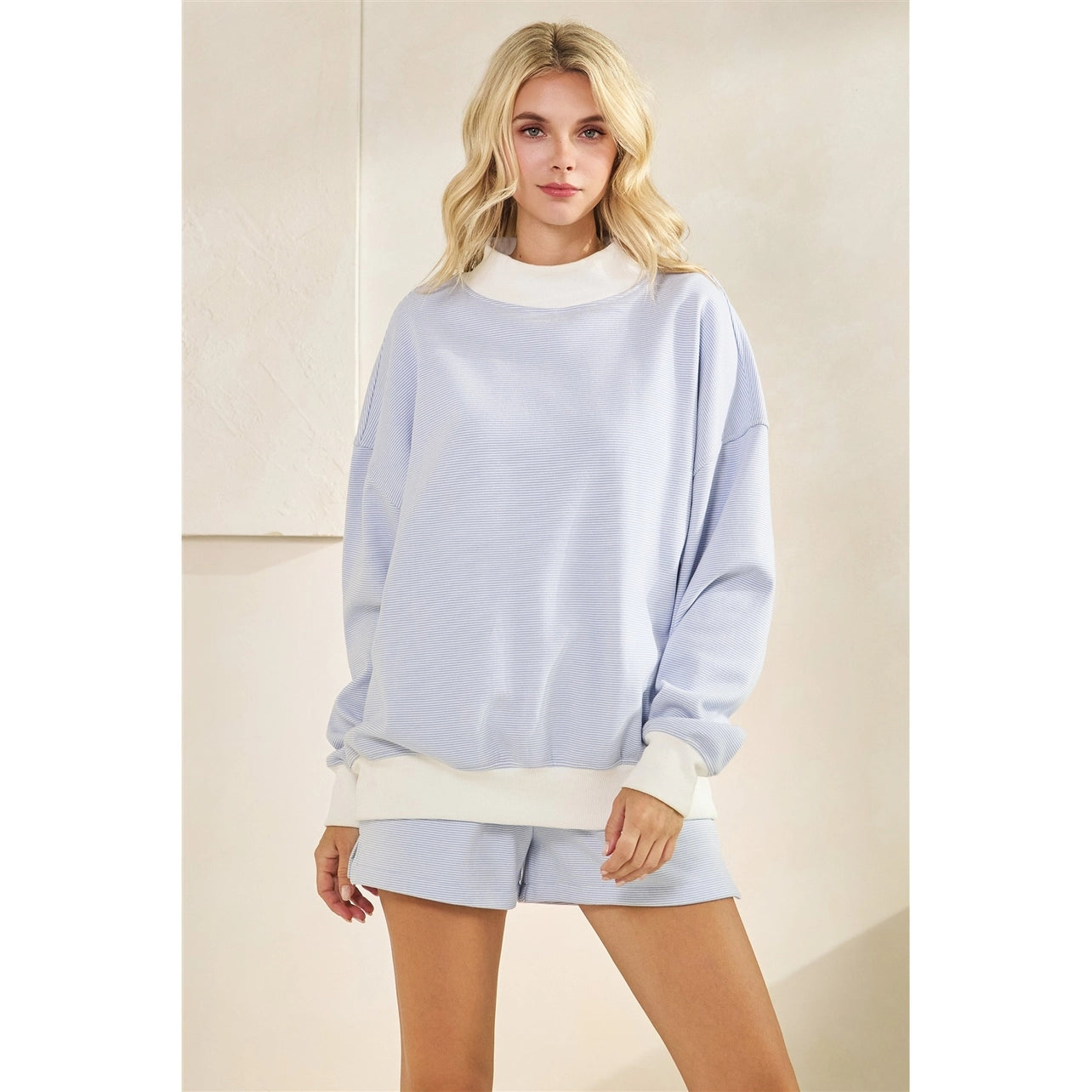 Blue Striped Mock Neck Sweatshirt and Short Set