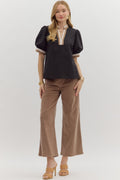 BLACK SOLID BUBBLE SLEEVE TOP WITH MULTICOLOR BAND image 0