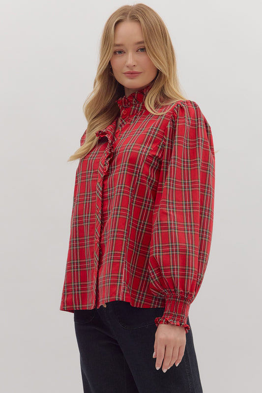RED PLAID MOCK NECK LONG SLEEVE TOP image 1