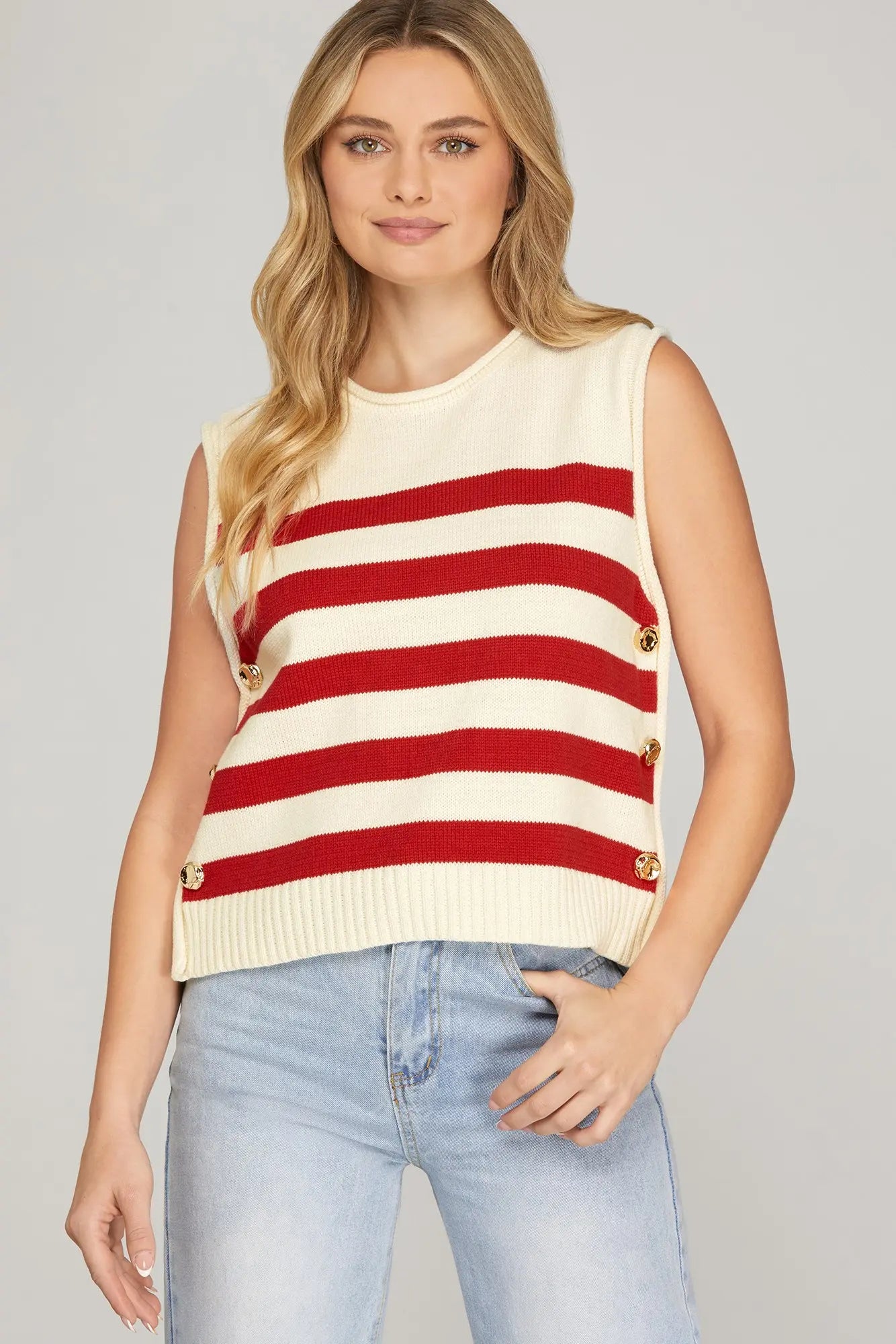 Sleeveless Striped Sweater with Side Gold Buttons image 2