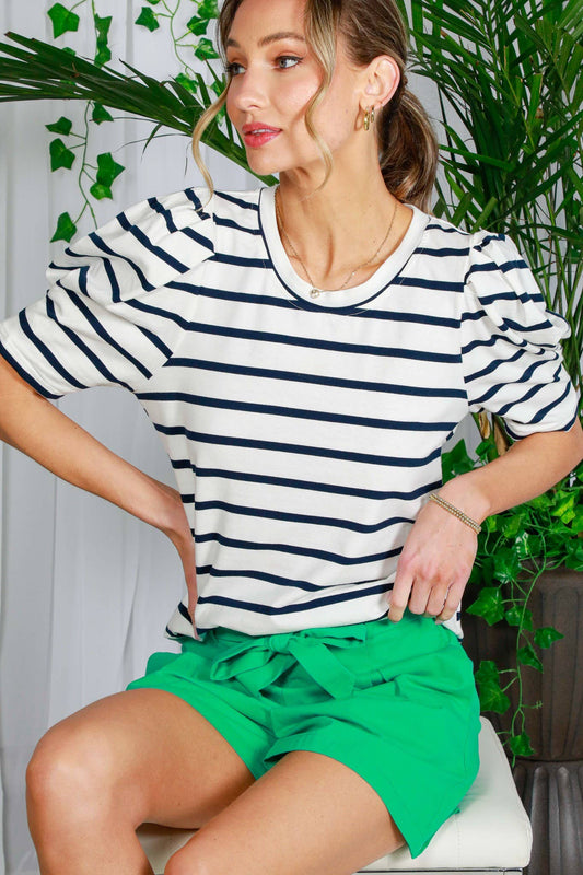 Stripe Print Scoop Neck Short Puff Sleeve Top