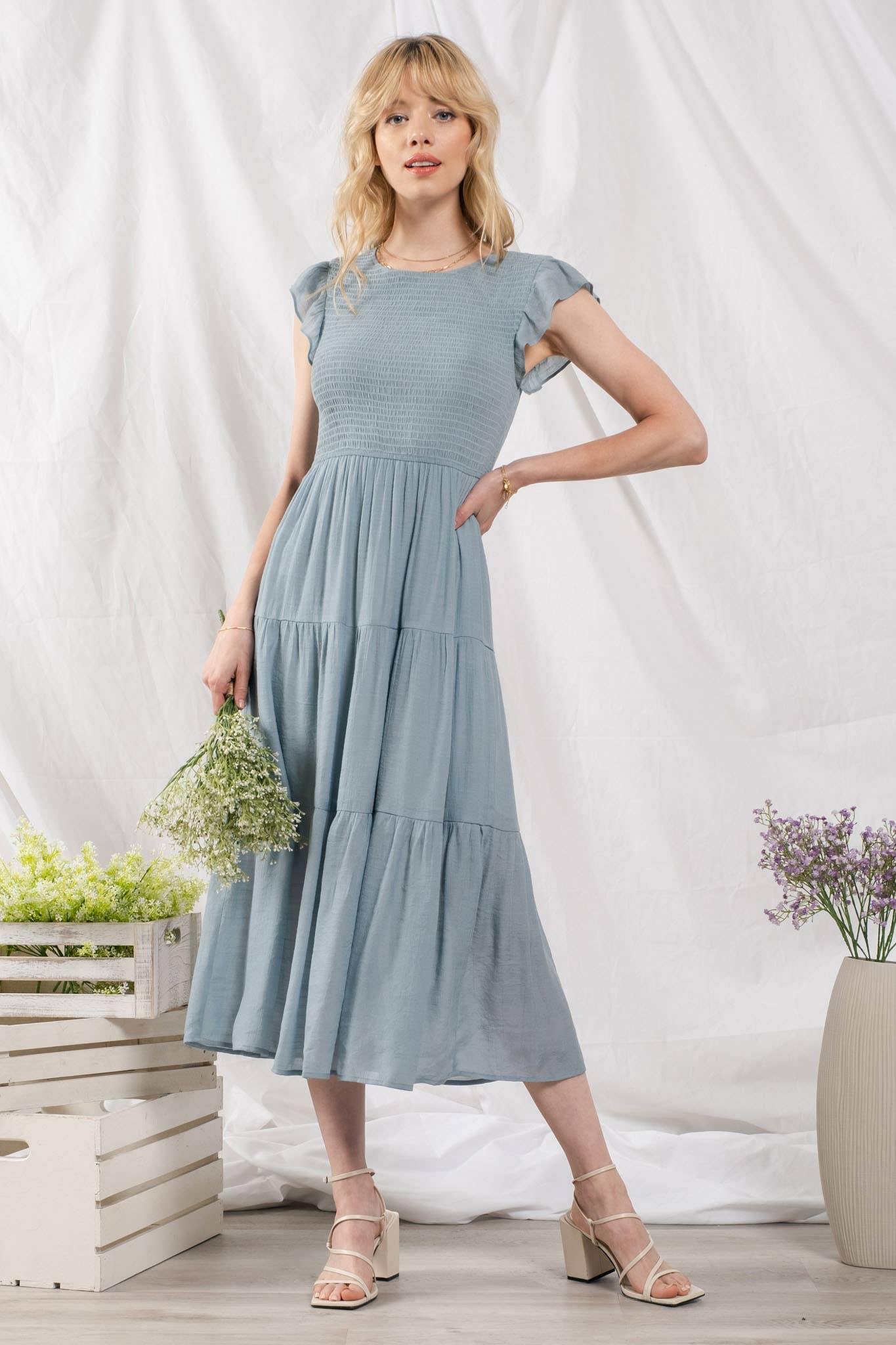 TIERED SMOCKED SHORT SLEEVE MIDI DRESS
