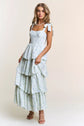 Blue Floral Tiered Midi Dress with Tie Straps