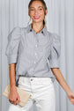 Stripe Print Collared Neck Short Puff Sleeve Blouse