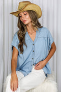 V Neck Collared  Tencel Chambray Shirt