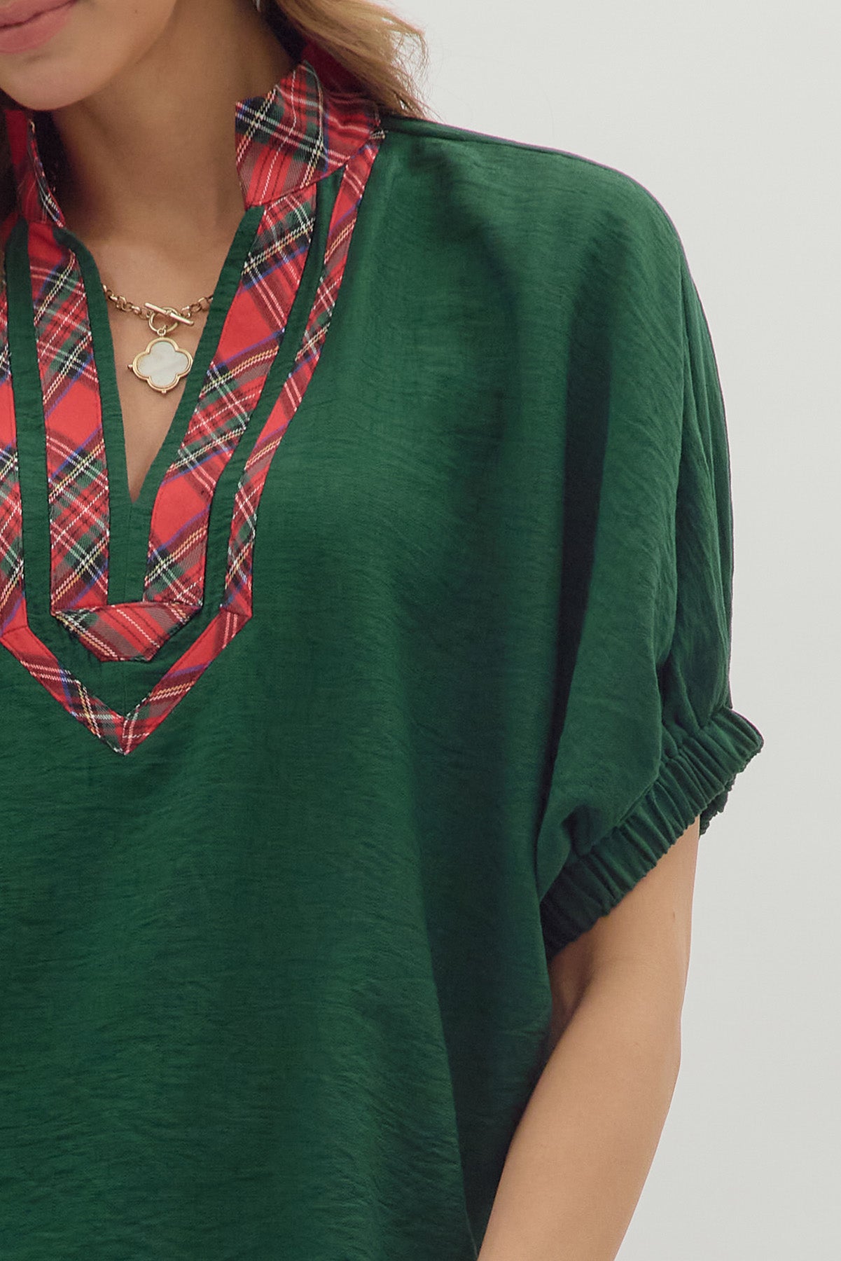 Green Dolman Top w/ plaid vneck image 3