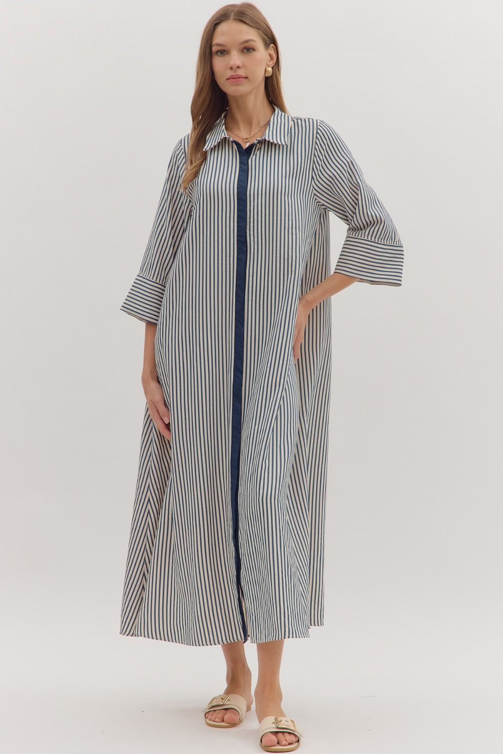 Indigo Striped 3/4 sleeve Midi dress image 0