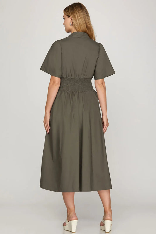 OLIVE SHORT SLEEVE SMOCKED WAIST FRONT ZIP MIDI DRESS image 1
