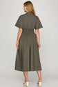OLIVE SHORT SLEEVE SMOCKED WAIST FRONT ZIP MIDI DRESS image 1
