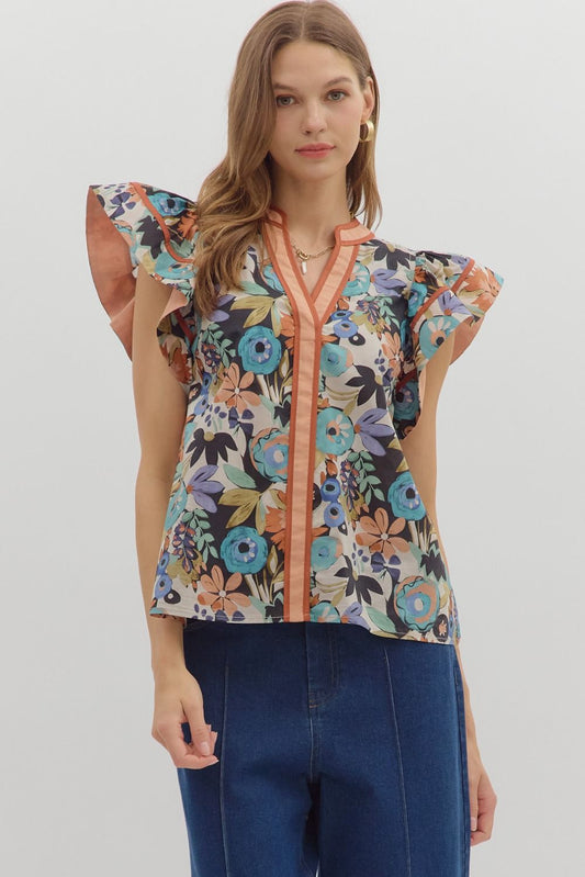 Cinnamon Floral Flutter Sleeve Top image 0