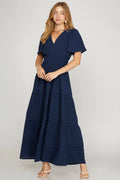 Navy Pintuck Tiered Maxi Dress image 0