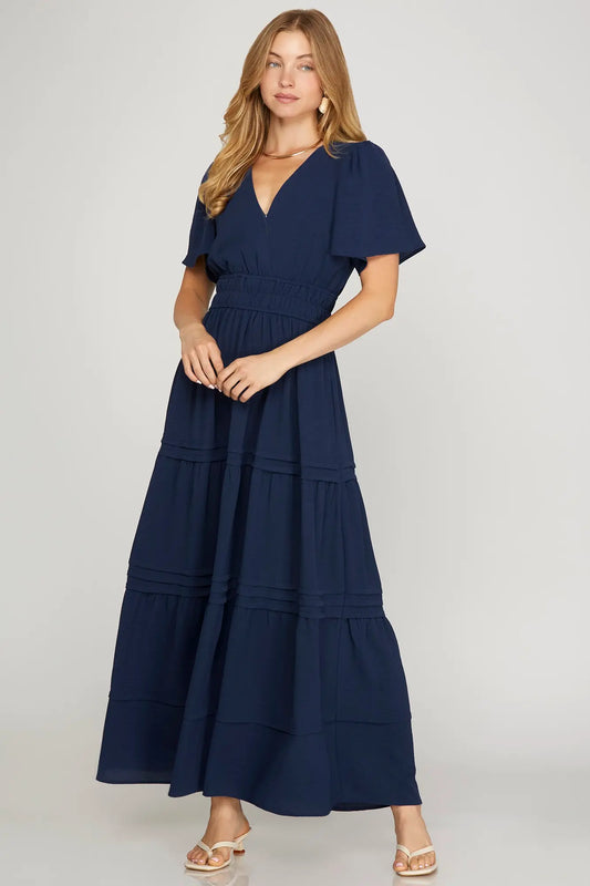 Navy Pintuck Tiered Maxi Dress image 0