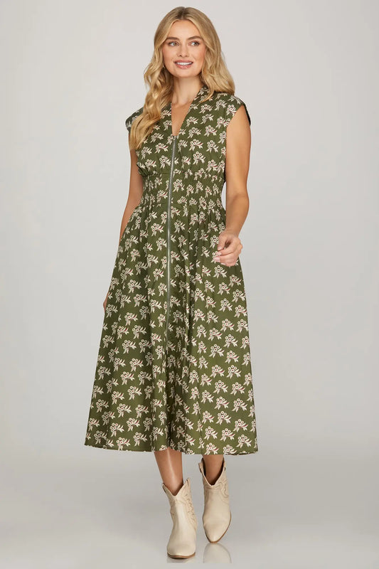 OLIVE GREEN FLORAL ZIP UP MIDI image 0