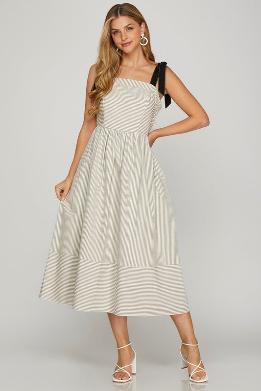 Off White Midi with Black Ribbon Tied Sleeveless Striped image 0