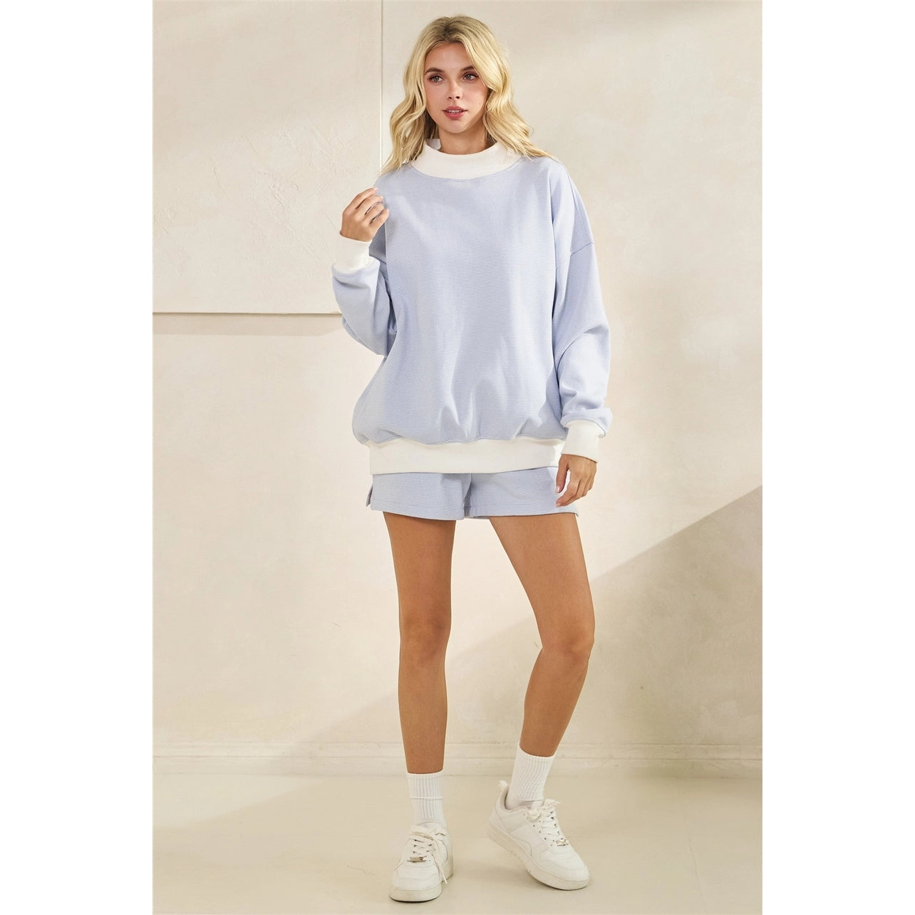 Blue Striped Mock Neck Sweatshirt and Short Set