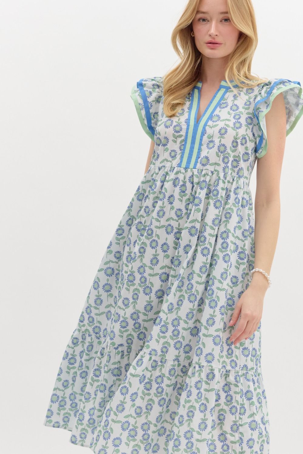 Floral Print Dress With Mint/Blue V-neck Ribbon image 1