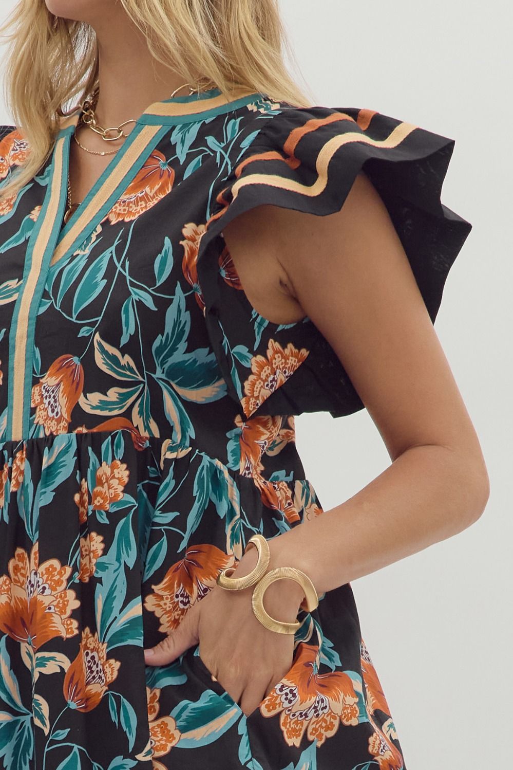 Black & Blue/Rust Floral Flutter Sleeve image 3