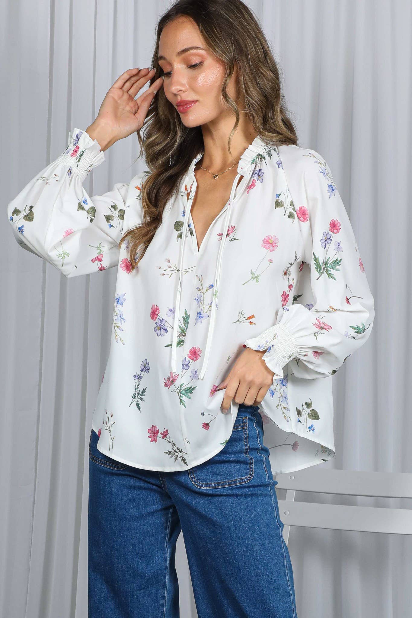 Floral Print Ruffled V-Tie Neck Blouse Top