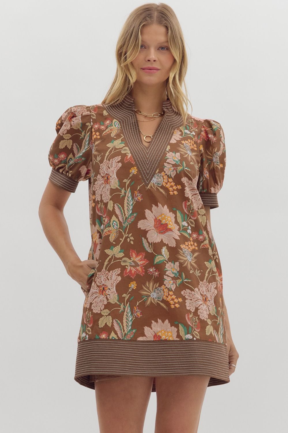 Brown Floral Puff Sleeve Pullover Mini Dress image 1